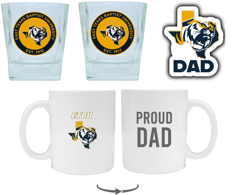 East Texas Baptist University Collegiate Dad Gift Set - Proud Dad Decal, Coffee Mug & Whiskey Glasses