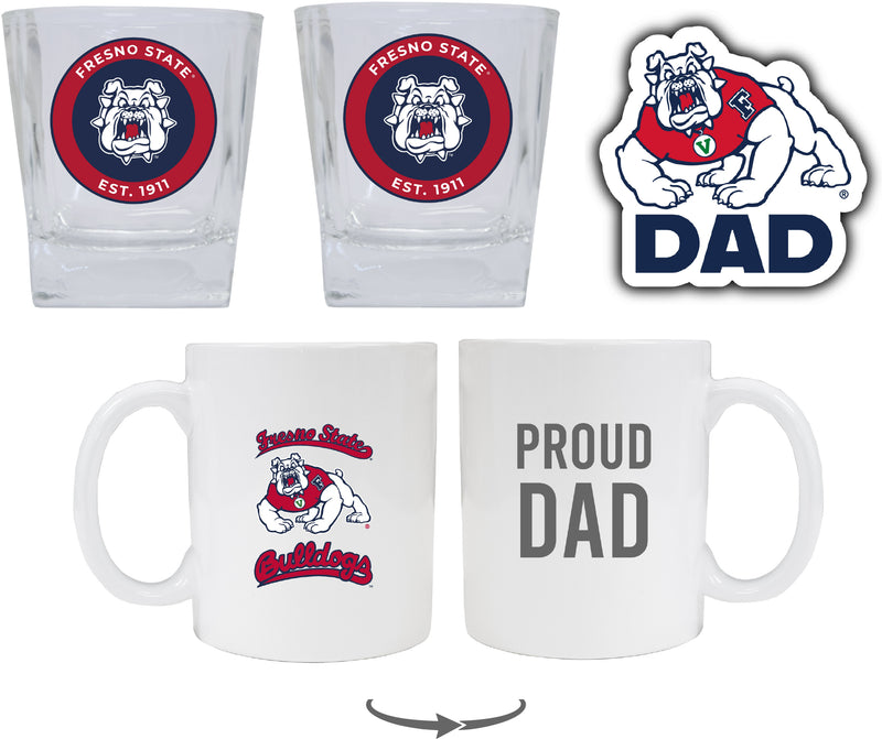 Fresno State Bulldogs Collegiate Dad Gift Set - Proud Dad Decal, Coffee Mug & Whiskey Glasses