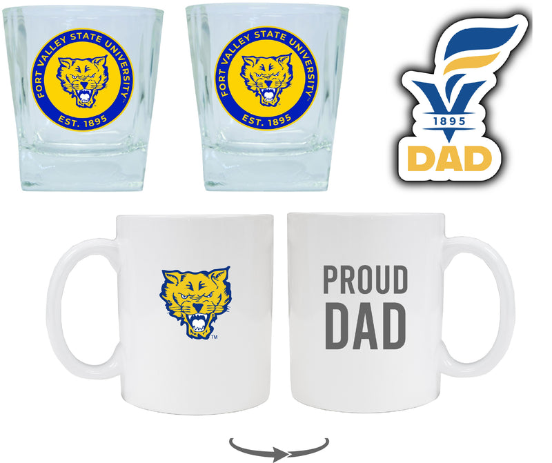 Fort Valley State University Collegiate Dad Gift Set - Proud Dad Decal, Coffee Mug & Whiskey Glasses