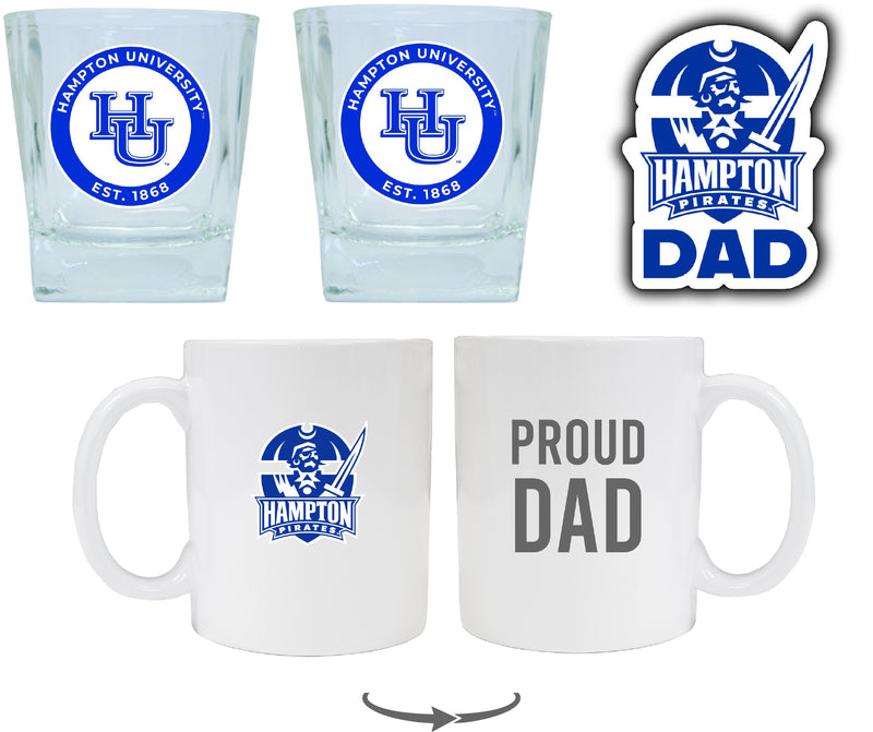 Hampton University Collegiate Dad Gift Set - Proud Dad Decal, Coffee Mug & Whiskey Glasses