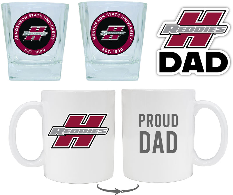 Henderson State Reddies Collegiate Dad Gift Set - Proud Dad Decal, Coffee Mug & Whiskey Glasses