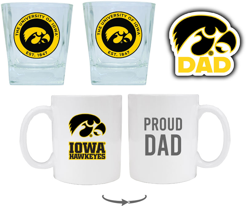 Iowa Hawkeyes Collegiate Dad Gift Set - Proud Dad Decal, Coffee Mug & Whiskey Glasses