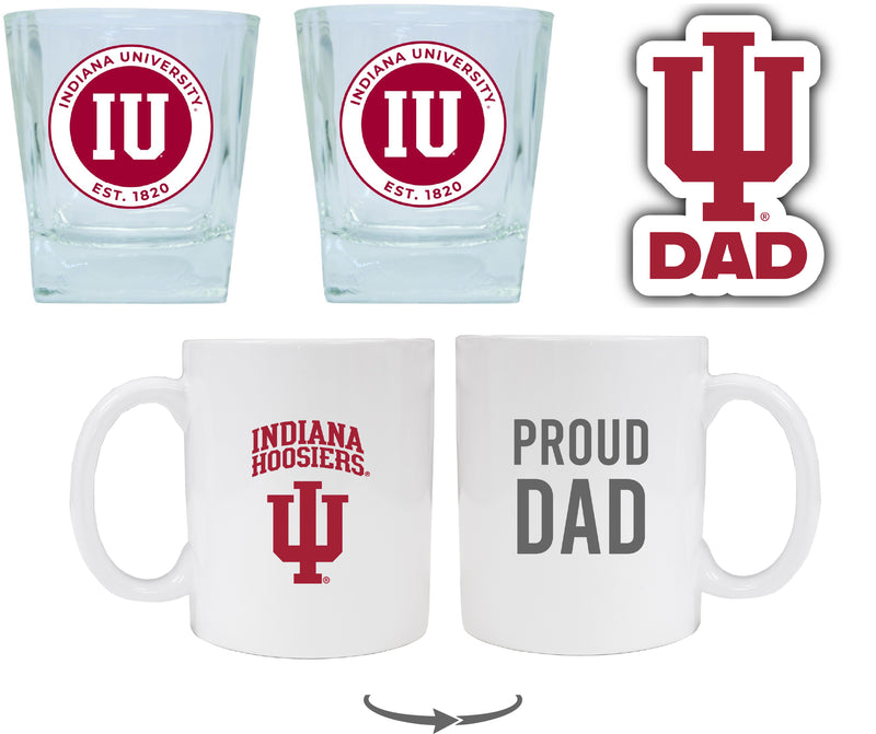 Indiana Hoosiers Collegiate Dad Gift Set - Proud Dad Decal, Coffee Mug & Whiskey Glasses