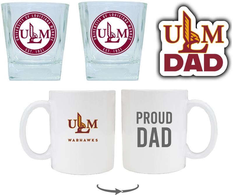 University of Louisiana Monroe Collegiate Dad Gift Set - Proud Dad Decal, Coffee Mug & Whiskey Glasses