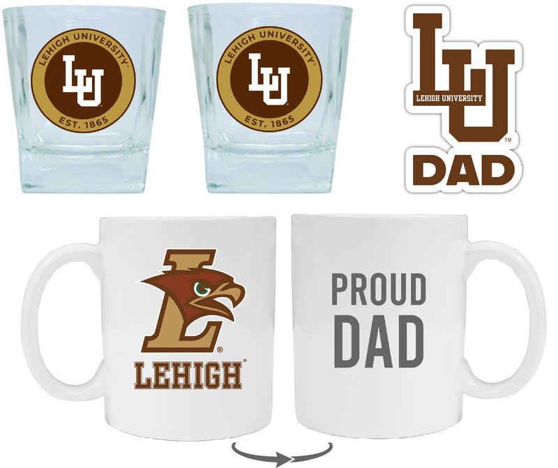 Lehigh University Mountain Hawks Collegiate Dad Gift Set - Proud Dad Decal, Coffee Mug & Whiskey Glasses