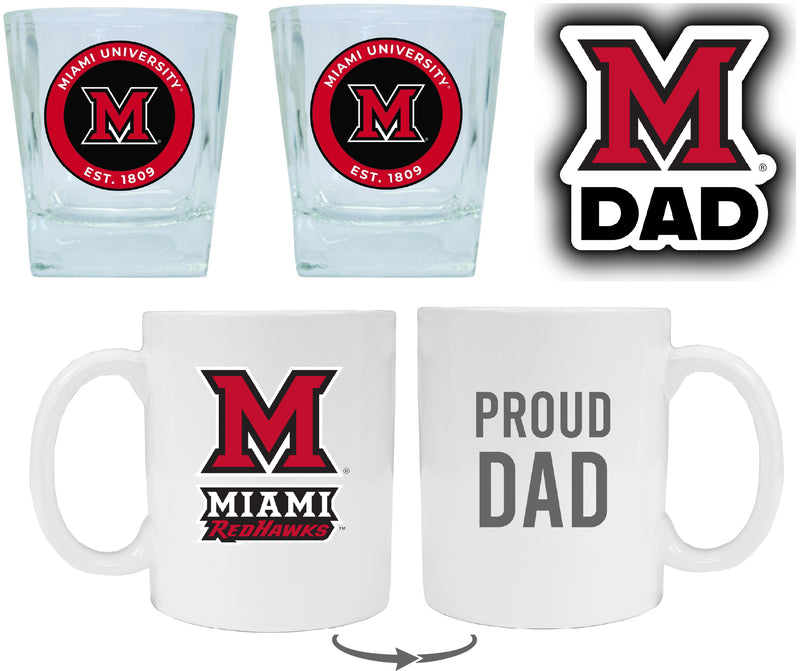 Miami University of Ohio Collegiate Dad Gift Set - Proud Dad Decal, Coffee Mug & Whiskey Glasses