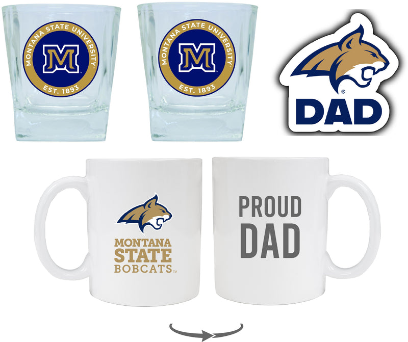 Montana State Bobcats Collegiate Dad Gift Set - Proud Dad Decal, Coffee Mug & Whiskey Glasses
