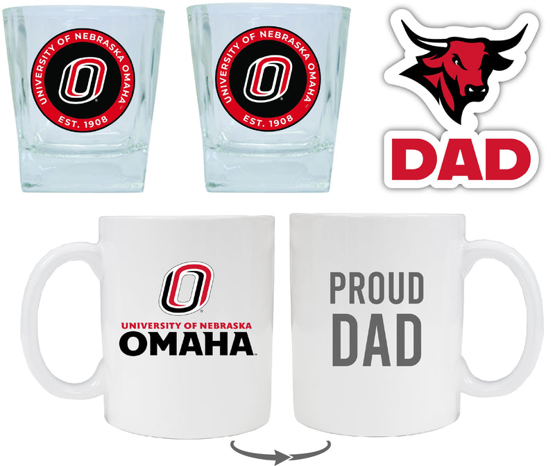 Nebraska at Omaha Collegiate Dad Gift Set - Proud Dad Decal, Coffee Mug & Whiskey Glasses