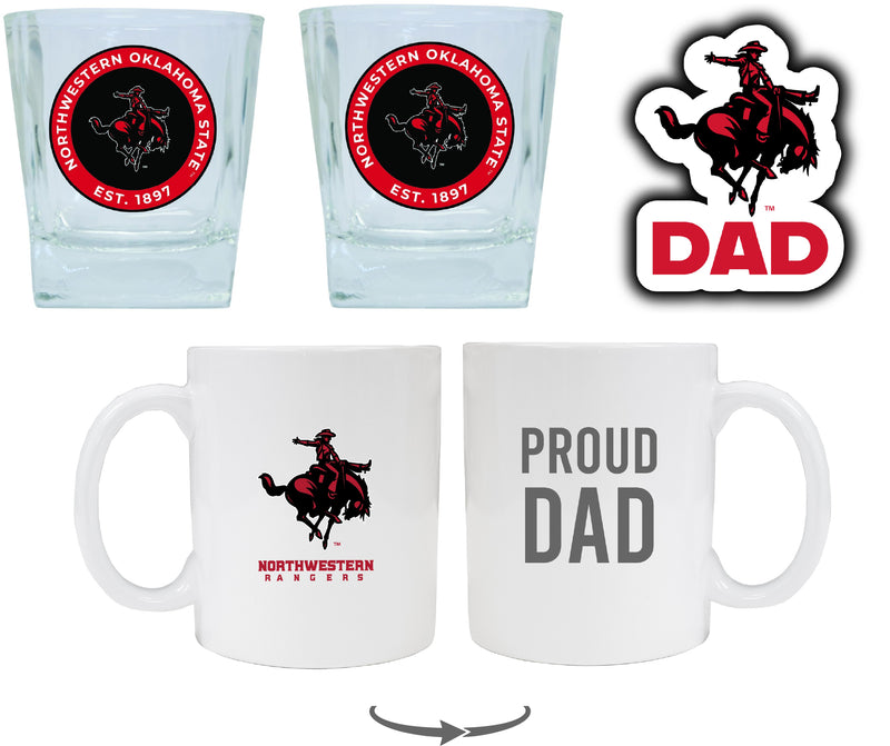 Northwestern Oklahoma State University Collegiate Dad Gift Set - Proud Dad Decal, Coffee Mug & Whiskey Glasses