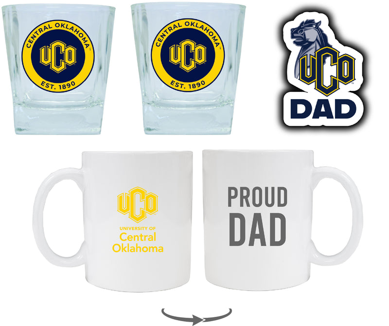 University of Central Oklahoma Bronchos Collegiate Dad Gift Set - Proud Dad Decal, Coffee Mug & Whiskey Glasses