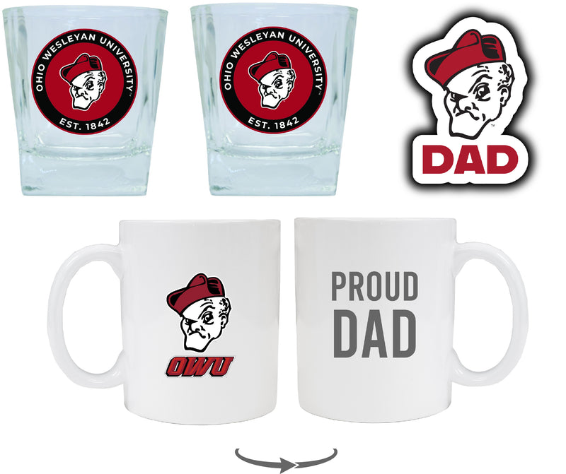 Ohio Wesleyan University Collegiate Dad Gift Set - Proud Dad Decal, Coffee Mug & Whiskey Glasses