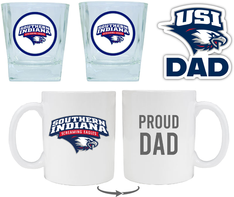 University of Southern Indiana Collegiate Dad Gift Set - Proud Dad Decal, Coffee Mug & Whiskey Glasses