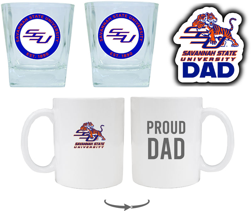 Savannah State University Collegiate Dad Gift Set - Proud Dad Decal, Coffee Mug & Whiskey Glasses