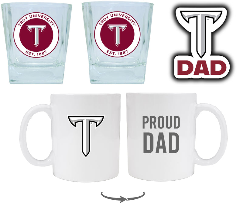 Troy University Collegiate Dad Gift Set - Proud Dad Decal, Coffee Mug & Whiskey Glasses