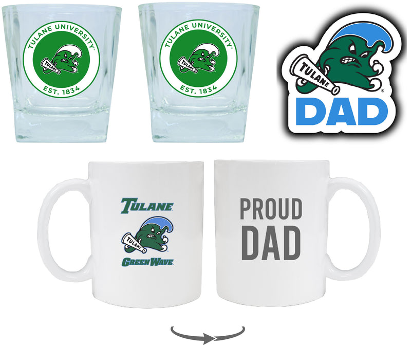 Tulane University Green Wave Collegiate Dad Gift Set - Proud Dad Decal, Coffee Mug & Whiskey Glasses