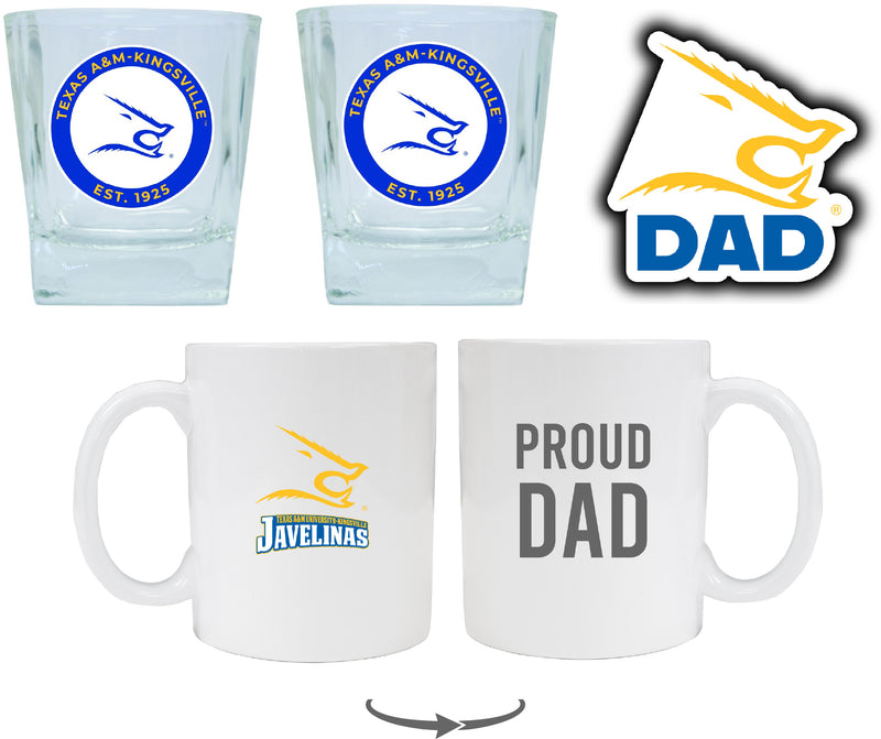 Texas A&M Kingsville Javelinas Collegiate Dad Gift Set - Proud Dad Decal, Coffee Mug & Whiskey Glasses