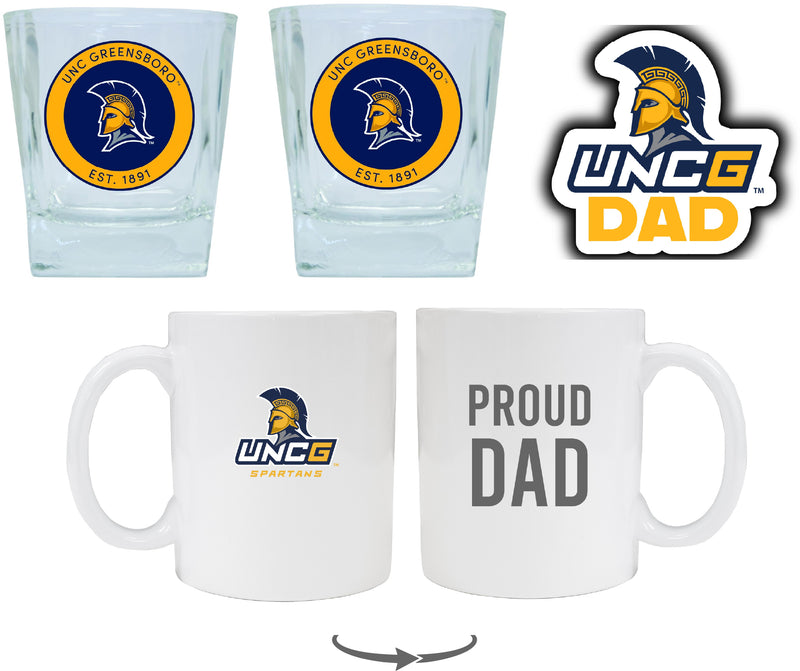 North Carolina Greensboro Spartans Collegiate Dad Gift Set - Proud Dad Decal, Coffee Mug & Whiskey Glasses