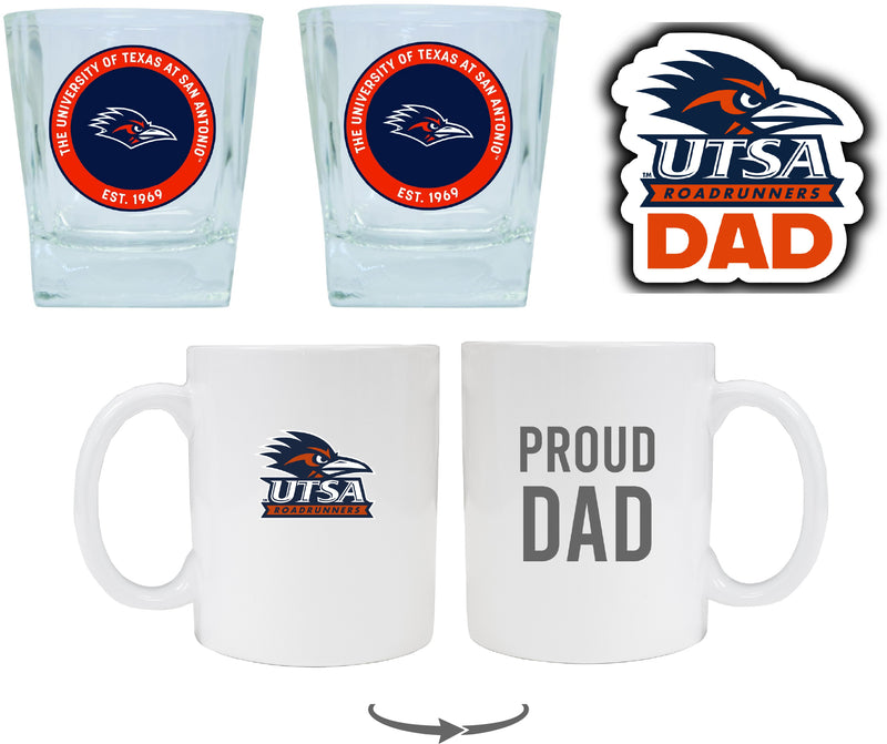 UTSA Road Runners Collegiate Dad Gift Set - Proud Dad Decal, Coffee Mug & Whiskey Glasses