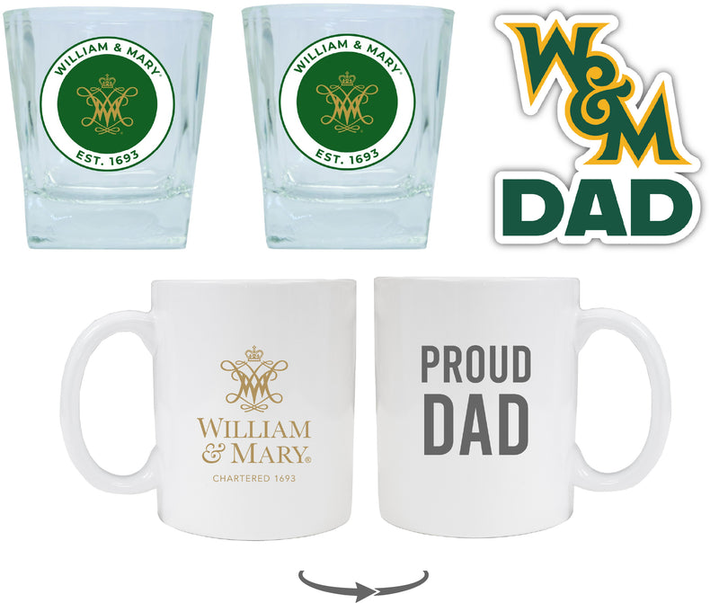 William and Mary Collegiate Dad Gift Set - Proud Dad Decal, Coffee Mug & Whiskey Glasses