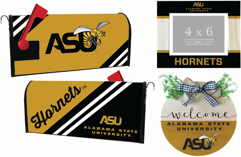 Alabama State University Officially Licensed Home Decor Pack - Magnetic Mailbox Cover, Wooden Welcome Wreath Sign & Photo Frame