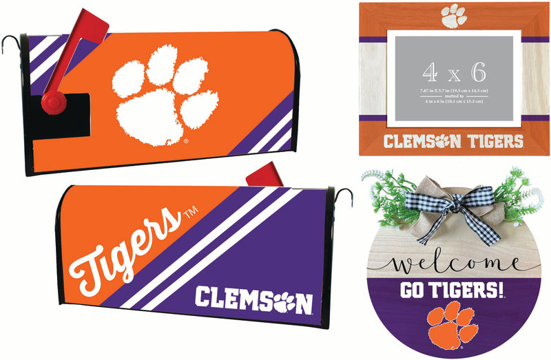 Clemson Tigers Officially Licensed Home Decor Pack - Magnetic Mailbox Cover, Wooden Welcome Wreath Sign & Photo Frame