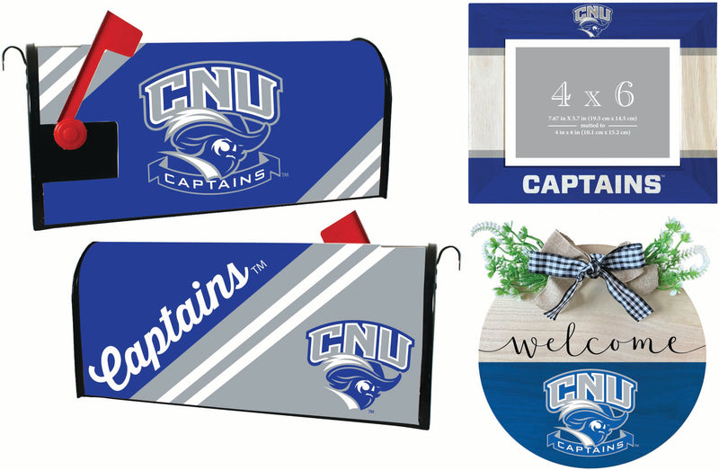 Christopher Newport Captains Officially Licensed Home Decor Pack - Magnetic Mailbox Cover, Wooden Welcome Wreath Sign & Photo Frame