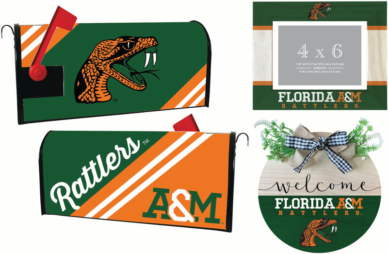 Florida A&M Rattlers Officially Licensed Home Decor Pack - Magnetic Mailbox Cover, Wooden Welcome Wreath Sign & Photo Frame