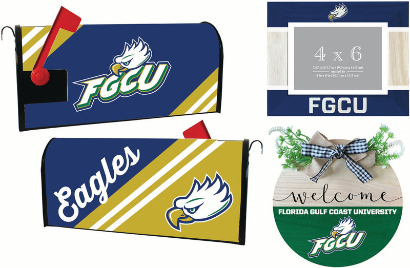 Florida Gulf Coast Eagles Officially Licensed Home Decor Pack - Magnetic Mailbox Cover, Wooden Welcome Wreath Sign & Photo Frame