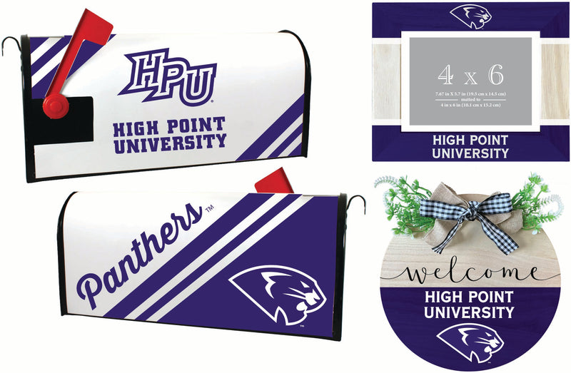 High Point University Officially Licensed Home Decor Pack - Magnetic Mailbox Cover, Wooden Welcome Wreath Sign & Photo Frame