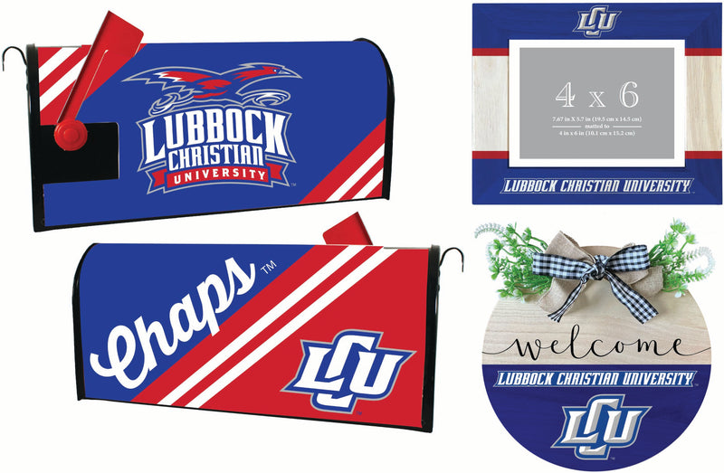 Lubbock Christian University Chaparral Officially Licensed Home Decor Pack - Magnetic Mailbox Cover, Wooden Welcome Wreath Sign & Photo Frame