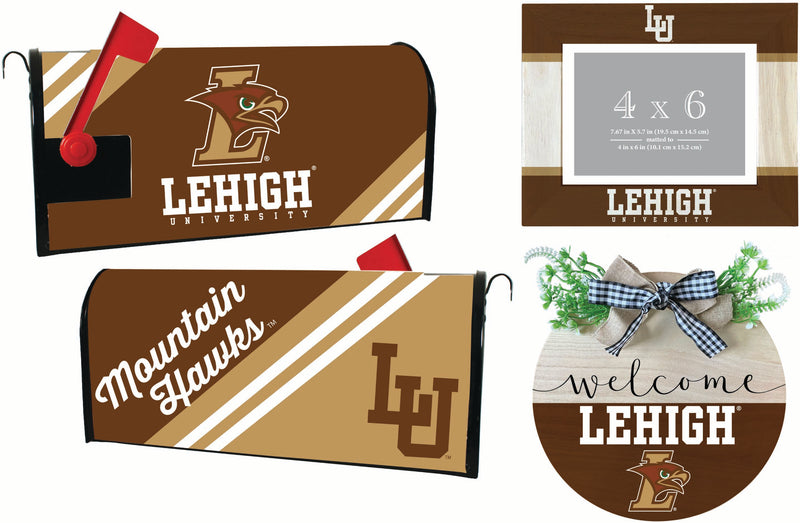 Lehigh University Mountain Hawks Officially Licensed Home Decor Pack - Magnetic Mailbox Cover, Wooden Welcome Wreath Sign & Photo Frame