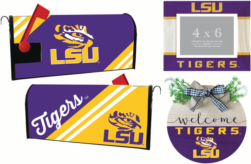 LSU Tigers Officially Licensed Home Decor Pack - Magnetic Mailbox Cover, Wooden Welcome Wreath Sign & Photo Frame