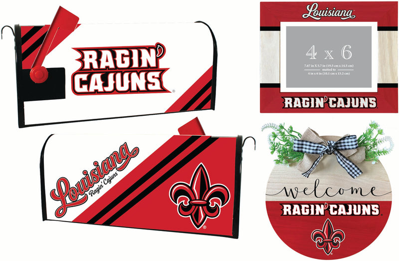 Louisiana at Lafayette Ragin' Cajuns Officially Licensed Home Decor Pack - Magnetic Mailbox Cover, Wooden Welcome Wreath Sign & Photo Frame