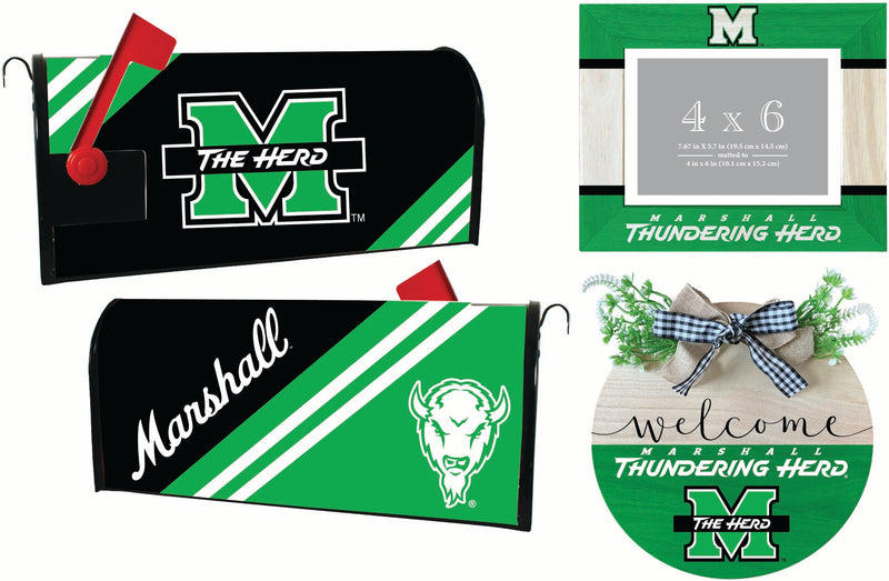Marshall Thundering Herd Officially Licensed Home Decor Pack - Magnetic Mailbox Cover, Wooden Welcome Wreath Sign & Photo Frame