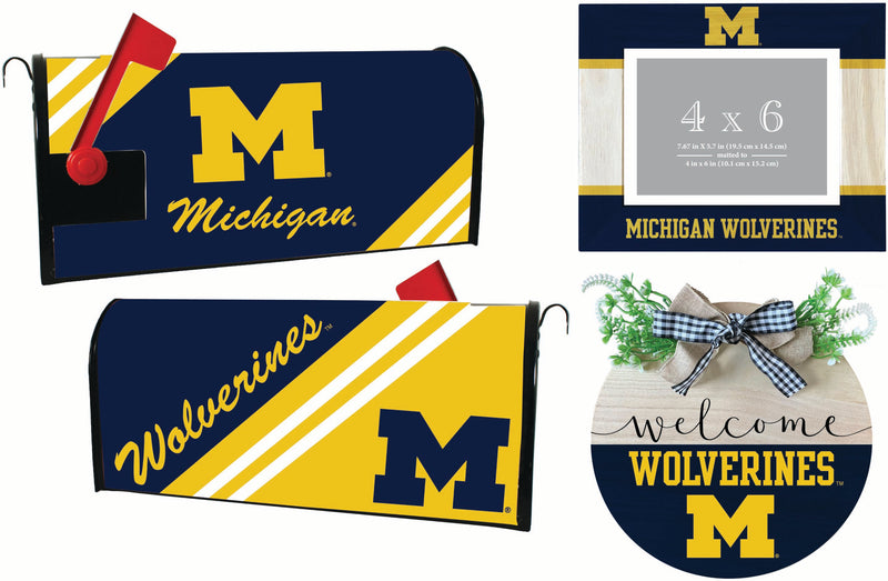 Michigan Wolverines Officially Licensed Home Decor Pack - Magnetic Mailbox Cover, Wooden Welcome Wreath Sign & Photo Frame