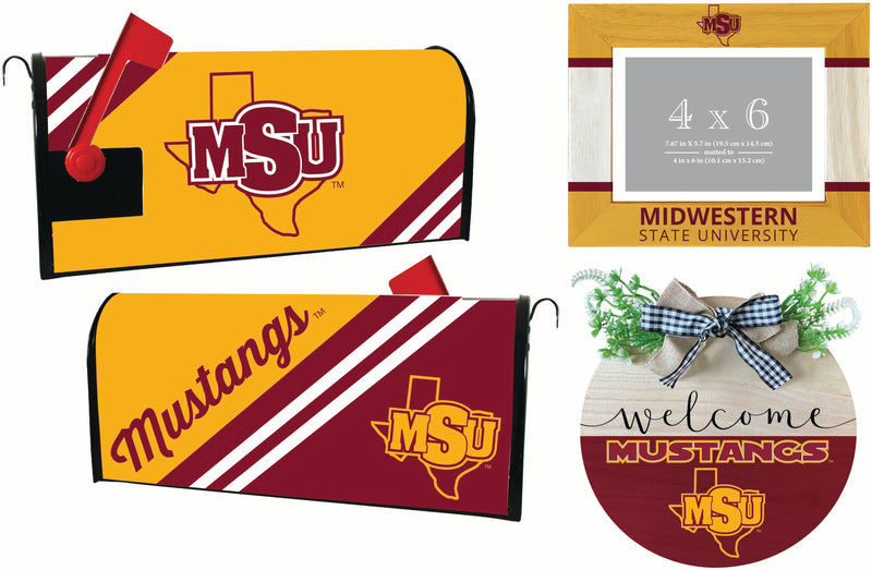 Midwestern State University Mustangs Officially Licensed Home Decor Pack - Magnetic Mailbox Cover, Wooden Welcome Wreath Sign & Photo Frame