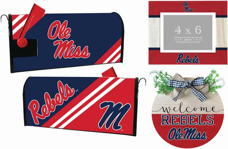 Mississippi Rebels "Ole Miss" Officially Licensed Home Decor Pack - Magnetic Mailbox Cover, Wooden Welcome Wreath Sign & Photo Frame