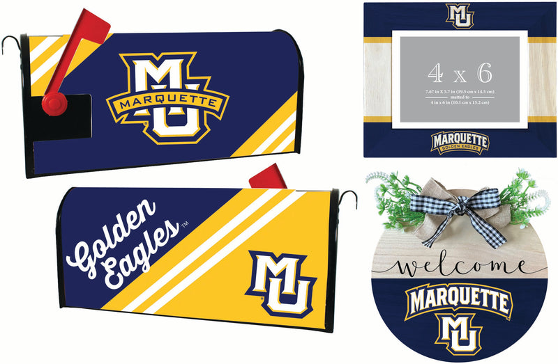 Marquette Golden Eagles Officially Licensed Home Decor Pack - Magnetic Mailbox Cover, Wooden Welcome Wreath Sign & Photo Frame