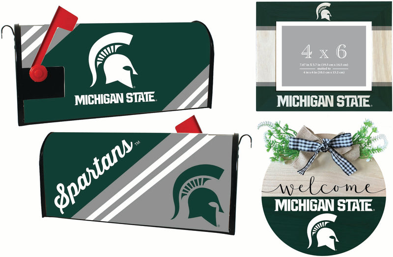 Michigan State Spartans Officially Licensed Home Decor Pack - Magnetic Mailbox Cover, Wooden Welcome Wreath Sign & Photo Frame