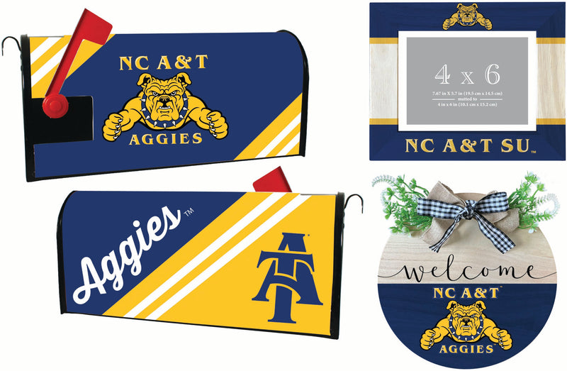 North Carolina A&T State Aggies Officially Licensed Home Decor Pack - Magnetic Mailbox Cover, Wooden Welcome Wreath Sign & Photo Frame