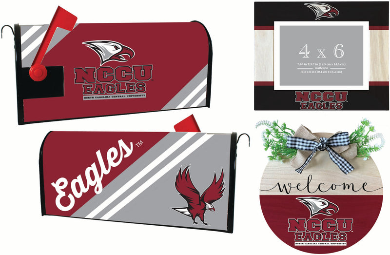 North Carolina Central Eagles Officially Licensed Home Decor Pack - Magnetic Mailbox Cover, Wooden Welcome Wreath Sign & Photo Frame