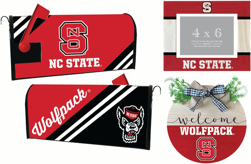 NC State Wolfpack Officially Licensed Home Decor Pack - Magnetic Mailbox Cover, Wooden Welcome Wreath Sign & Photo Frame