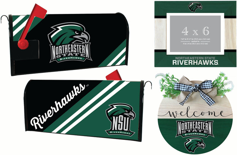 Northeastern State University Riverhawks Officially Licensed Home Decor Pack - Magnetic Mailbox Cover, Wooden Welcome Wreath Sign & Photo Frame