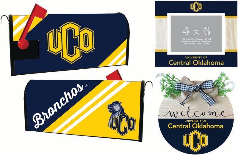University of Central Oklahoma Bronchos Officially Licensed Home Decor Pack - Magnetic Mailbox Cover, Wooden Welcome Wreath Sign & Photo Frame