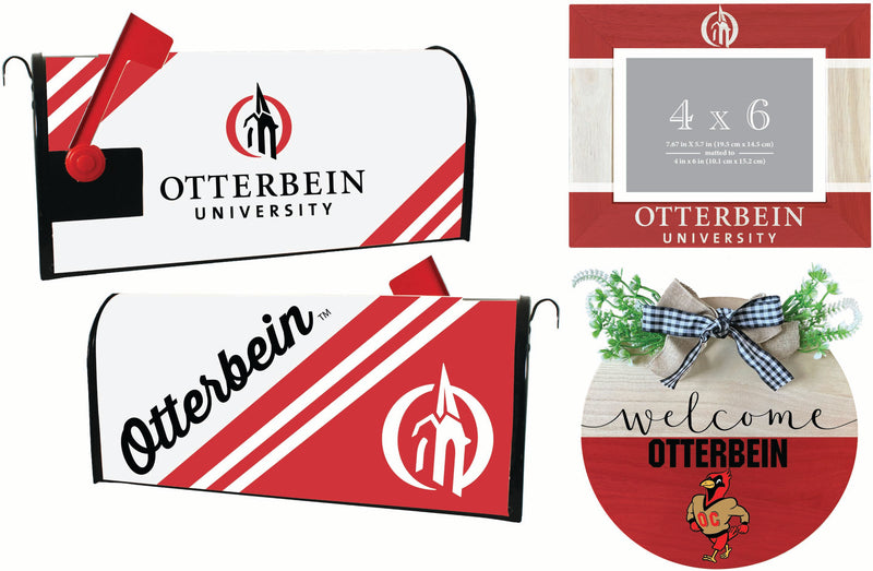 Otterbein University Officially Licensed Home Decor Pack - Magnetic Mailbox Cover, Wooden Welcome Wreath Sign & Photo Frame