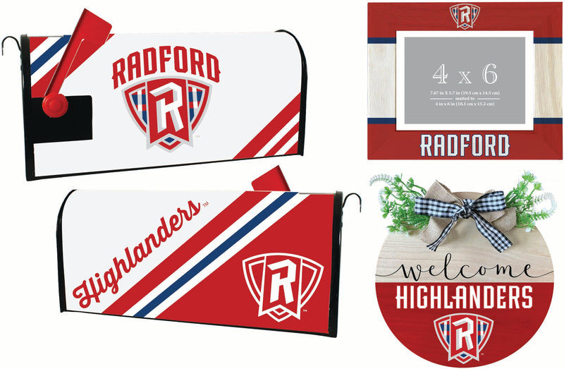 Radford University Highlanders Officially Licensed Home Decor Pack - Magnetic Mailbox Cover, Wooden Welcome Wreath Sign & Photo Frame