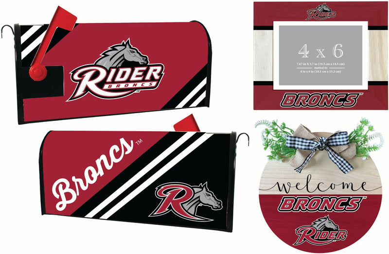 Rider University Broncs Officially Licensed Home Decor Pack - Magnetic Mailbox Cover, Wooden Welcome Wreath Sign & Photo Frame