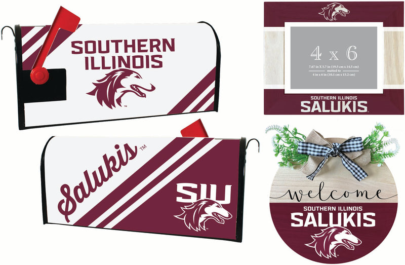 Southern Illinois Salukis Officially Licensed Home Decor Pack - Magnetic Mailbox Cover, Wooden Welcome Wreath Sign & Photo Frame