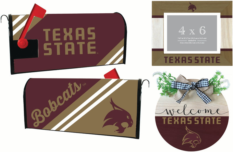 Texas State Bobcats Officially Licensed Home Decor Pack - Magnetic Mailbox Cover, Wooden Welcome Wreath Sign & Photo Frame