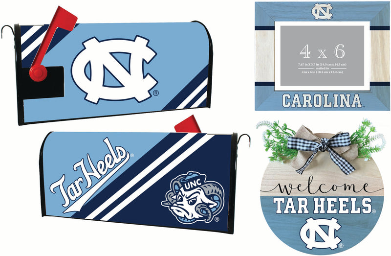 UNC Tar Heels Officially Licensed Home Decor Pack - Magnetic Mailbox Cover, Wooden Welcome Wreath Sign & Photo Frame